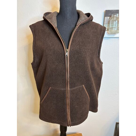 RALPH LAUREN Vintage Lauren Hooded Fleece Vest w Faux Leather Trim Wm Sz XL - Picture 2 of 9